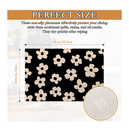 Placemats Set of 6,Abstract Black Flower Heat Resistant Non Slip Table Mats,Washable Wipe Clean Dining Placemats 12 x 18 Inches