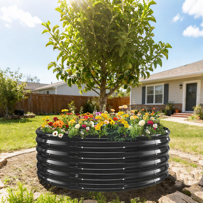 YSEJOMP 17" Tall Round Outdoor Garden Raised Garden Bed Kits-0.8MM Thick Metal Raised Planter Bed/Ground Planter Box for Variety of Flowers,Herbs,Vegetables,Trees (Black, 48 Dia X 16.5inches)