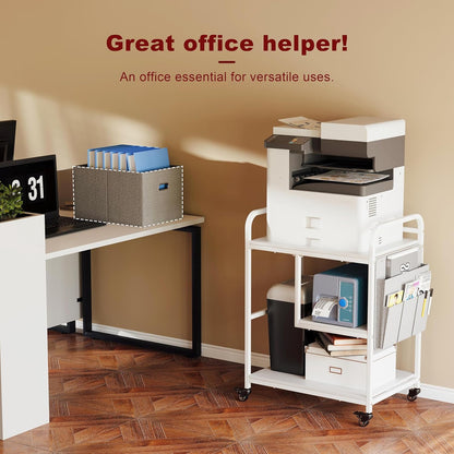 3 Tier Heavy Duty Printer Stand with Storage, Computer Tower Stand with Industrial Wheels & Drawer, Large Mobile Printer Table for Home Office Organization (Pearl White)