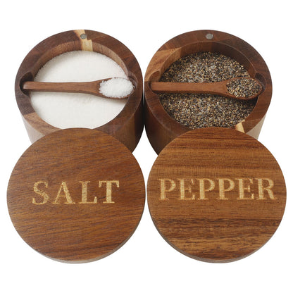 Timtopno Salt Cellar, Elegant Salt and Pepper Set, 2PCS Acacia Wood Salt Container with Built-in Spoon & Swivel Lid, Engraved SALT & PEPPER Box, Salt Holder for Countertop Seasoning Storage