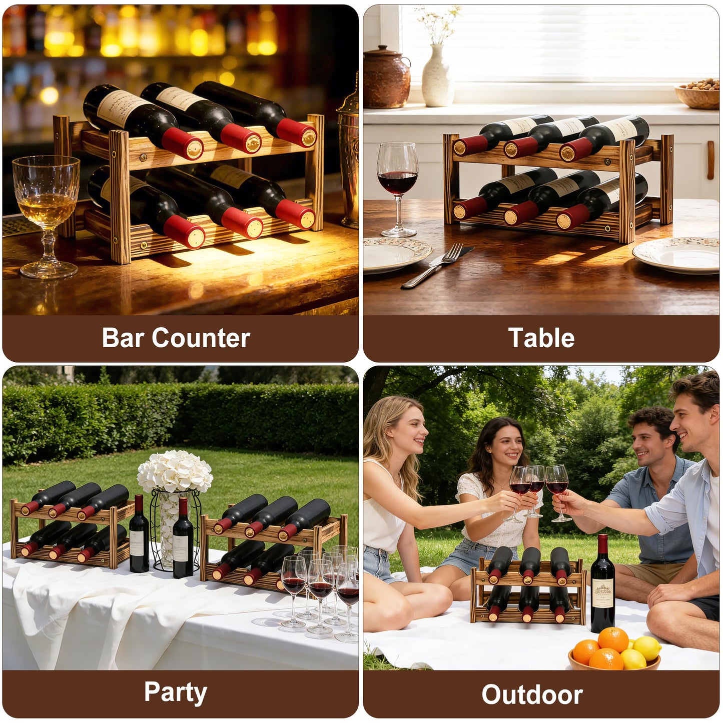 6-Bottle Wooden Wine Rack – 2-Tier Tabletop Countertop Space-Saving Wine Holder with Screwdriver Included, Easy Assembly Wine Storage Shelf for Kitchen, Bar, Pantry & Home Decor