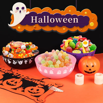 AUECOOME 3 Pieces Halloween Candy Bowl - Large Plastic Trick or Treat Bowls, Reusable Serving for Halloween Party Supplies (Black White Pink)