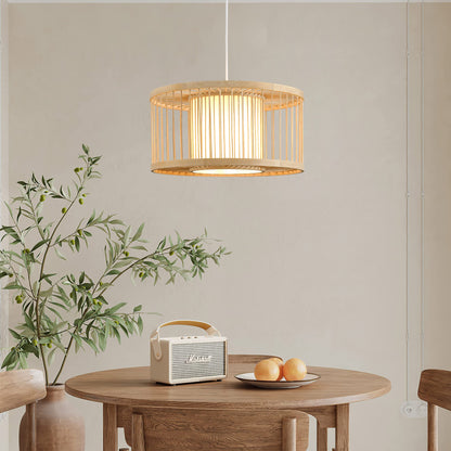 Karjearl Boho Rattan Pendant Lights, 15.8" Coastal Drum Wicker Hanging Light Japanese Country Light for Dining Room Kitchen Living Room Bedroom, 1-Light E26 Base