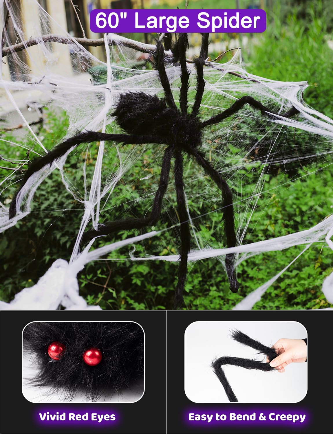 Spider Webs Halloween Decorations Lights - 250 LEDs 16.4Ft Outdoor Battery Operated String Purple Halloween Lights with 8 Modes Remote Control Spiderweb,47" Large Spider,Waterproof (Purple)