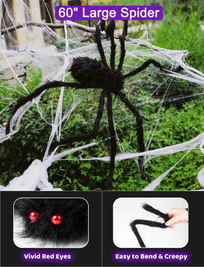 Spider Webs Halloween Decorations Lights - 250 LEDs 16.4Ft Outdoor Battery Operated String Purple Halloween Lights with 8 Modes Remote Control Spiderweb,47" Large Spider,Waterproof (Purple)