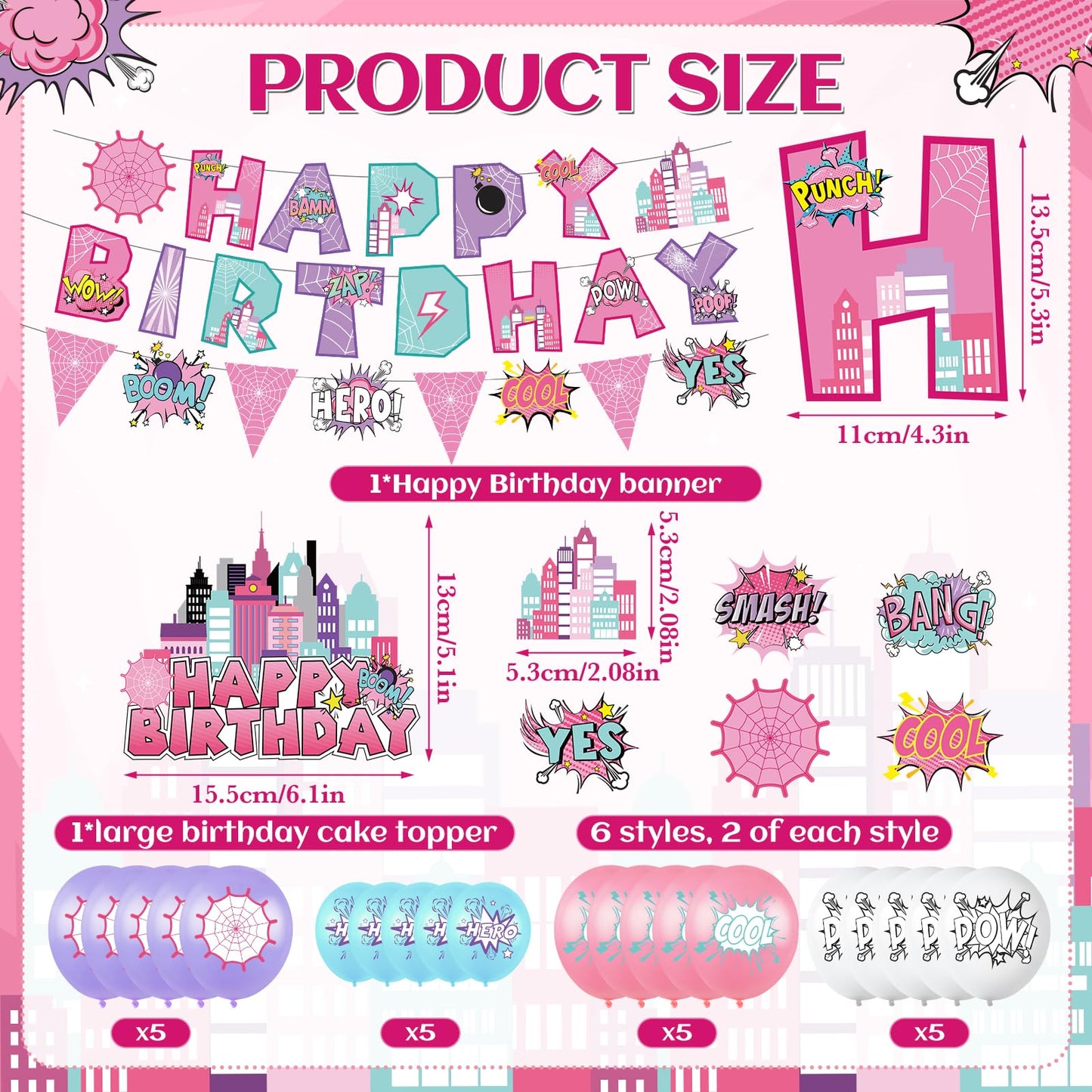 Hero Party Decoration Hero Happy Birthday Banner Pink Spidey Theme Pennant Flag Banner Cake Toppers Latex Balloons for Spider Girl Birthday Baby Shower Party Supplies
