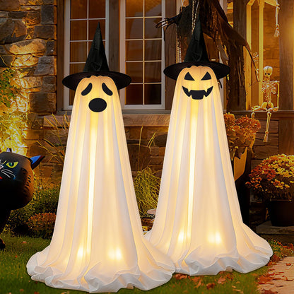 Bensbl 2Pcs Outdoor Ghost Decorations Light Up Standing Ghosts with String Lights 3 Expressions and 2 Witch Hats for Front Porch Yard Lawn Haunted House Decor