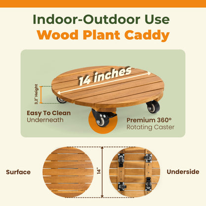 Jurax 14 Inch Wood Plant Caddy with Wheels – Heavy Duty Plant Dolly Holds Up to 286 lbs, 360° Lockable Casters, Rolling Plant Stand Indoor Outdoor for Large Pots – 2 Packs, Round-Golden Teak