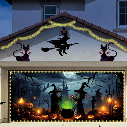 Lighted Halloween Garage Door Decorations Banner, Witch Cover With LED Light Strap, Hanging Backdrop for Outdoor Indoor Spooky Party Wall Yard Decor 6 x 13 ft