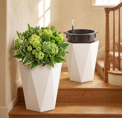 16" White Tall Planters Outdoor Set of 2, Large White Flower Pots Outdoor with Drainage Holes & Automatic Watering System, Modern Large Resin Planters for Outdoor Plants, Front Porch, Deck, Diamond