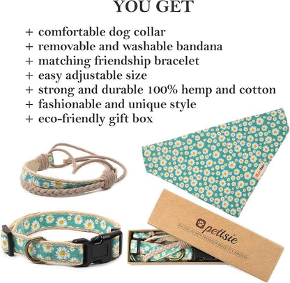 Pettsie Hemp Dog Bandana Collar & Matching Owner Friendship Bracelet | Adjustable, Durable Hemp, Soft & Comfortable, Includes Matching Friendship Bracelet, Secure D-Ring, Green