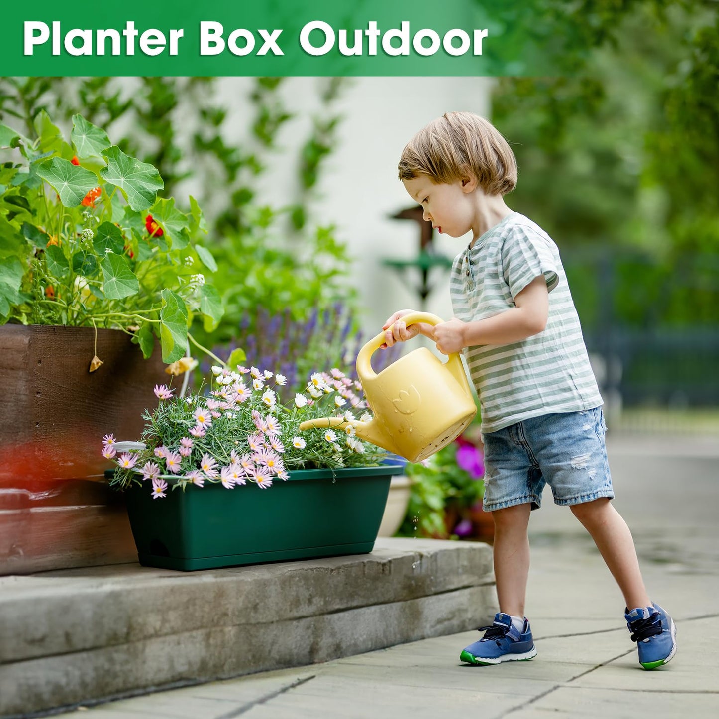 Rectangle Planters Box, 4 Pack Deck Hanging Planters for Railings, Window Box Planter with Drainage Holes & Trays, 16.9 Inch Balcony Planters Railing Hanging with Metal Brackets, Black Green (Green)