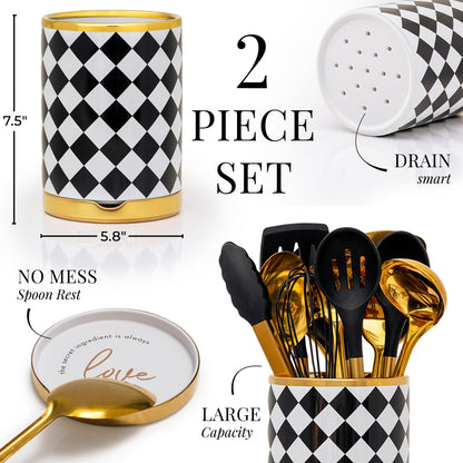 STYLED SETTINGS Black & White Checkered Utensil Holder Set – Large Ceramic Kitchen Utensil Holder for Countertop with Gold Spoon Rest – Stylish Checkered Kitchen Decor & Organizer