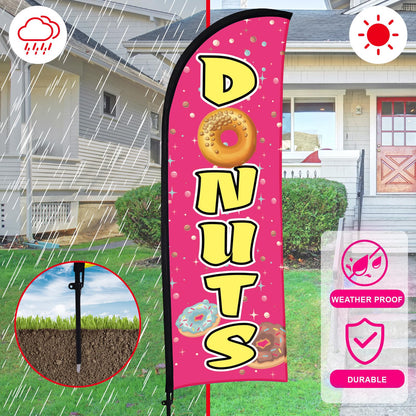 Buryeah 2 Sets Donuts Feather Flag Pole Kit 7 ft Donuts Advertising Flag Sign Banner with Flagpole Ground Stake Portable Bag for Diner Restaurant Business Outdoor Advertising