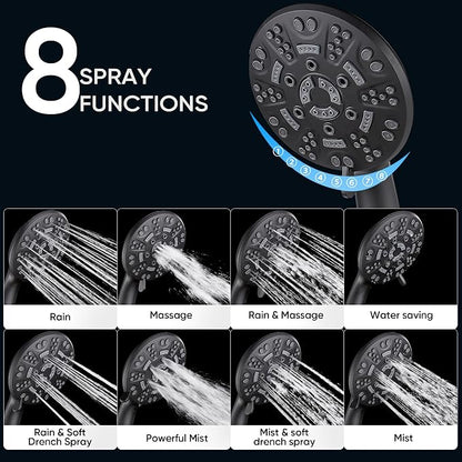 Cobbe 8-Setting Handheld Shower Head Bathroom Showerhead Set - Detachable Shower Heads with 5ft Stainless Steel Hose and Brass Swivel Bracket (Matte Black)