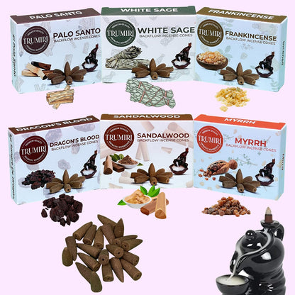 Woody - Backflow Incense Cones for Waterfall - Scented Inscents-Cones - Sandalwood, Dragons Blood, Palo Santo, White Sage - Insiensos Aromaticos - 6x10=60 Large Variety Pack - Back Flow Down Reverse