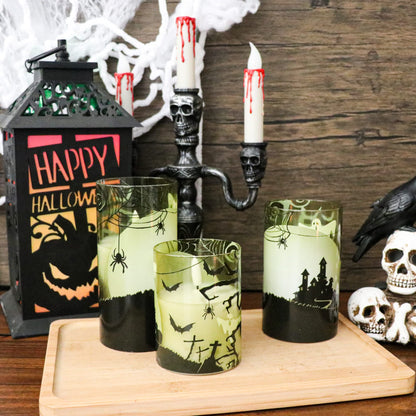GenSwin Halloween Candles Flameless with Remote Timer, Flameless Candles with Spider Web, Ghost, Castle Decals, 3 Pack Green Glass Battery Operated Candles with 3D Flickering Flame for Fall Decor