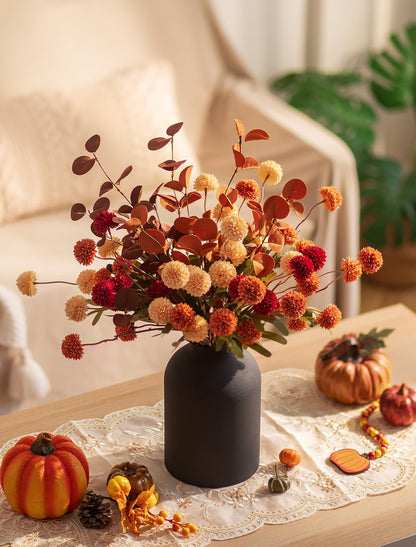 BLOSMON Flower Centerpiece Table Decorations: Metal Vase with 12 Stems of Fake Mums Kiku Flowers Eucalyptuses for Home Dining Room - Burnt Orange Artificial Pom Poms Floral Arrangement in Vase