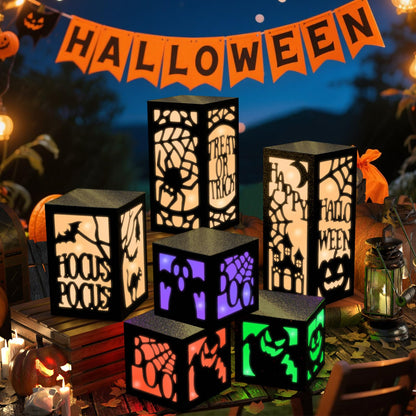 OuMuaMua 6 Pcs Halloween Table Decorations Indoor Halloween Table Centerpieces Boxes, Light up Paper Pumpkin Lanterns with Witch Spider Ghost Patterns for Spooky Party Supplies Home Decor