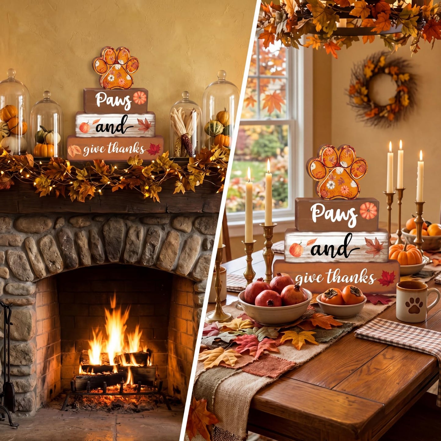 Amyhill 4 Pcs Fall Dog Paw Print Decorations Autumn Pet Lover Gift Wooden Pumpkin Maple Leaf Tiered Tray Set Table Centerpiece Sign Decor Thanksgiving Harvest Sign for Shelf Coffee Bar Home