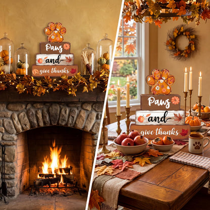 Amyhill 4 Pcs Fall Dog Paw Print Decorations Autumn Pet Lover Gift Wooden Pumpkin Maple Leaf Tiered Tray Set Table Centerpiece Sign Decor Thanksgiving Harvest Sign for Shelf Coffee Bar Home