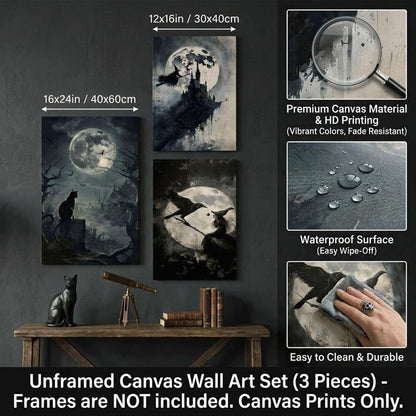 SOUHLP Gothic Wall Art Witch Black Cat Raven Poster Set, 12x16in