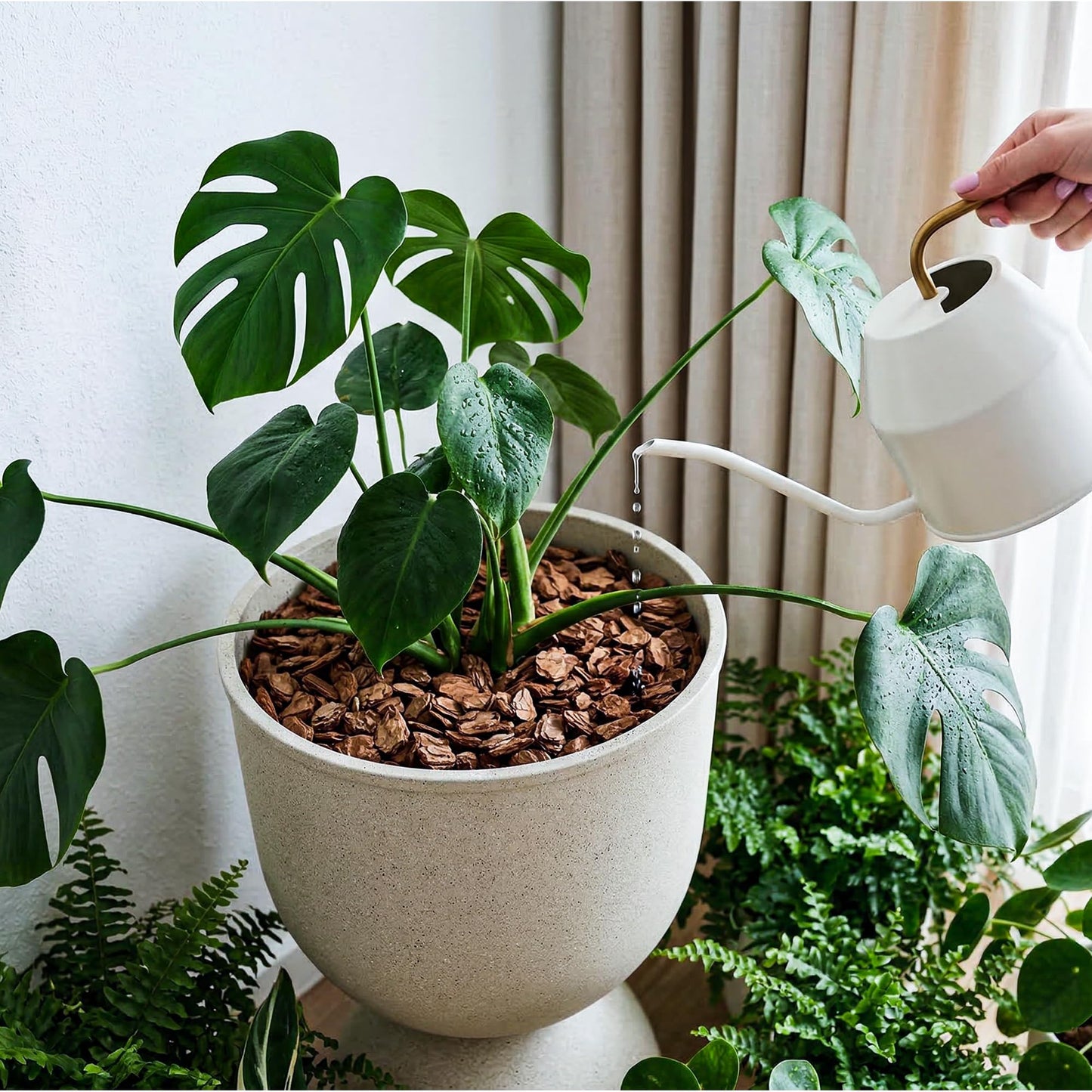 KOL Planters Flower Pots, Large Plastic Urn Planters for Indoor Outdoor Plants, Beige Pedestal Planter 2 Pack, 18 Inch+23 Inch, Decorative Planters with Drainage Holes & Plugs for Porch Garden