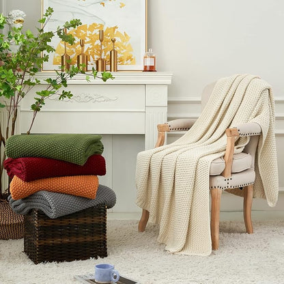 Chunky Cable Knit Throw Blanket Lightweight Cream 100% Organic Cotton Blanket for Sofa Couch Bed Baby Nursery, Rustic Shabby Chic Modern Farmhouse, 51” x 63” Give Laundering Bag