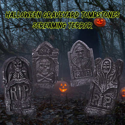 Sizonjoy Halloween Decorations, Foam RIP Graveyard Tombstones, 4 Pack Graveyard Headstone Decorations with 8 Bonus Stakes for Lawn Outside Decor (17In)
