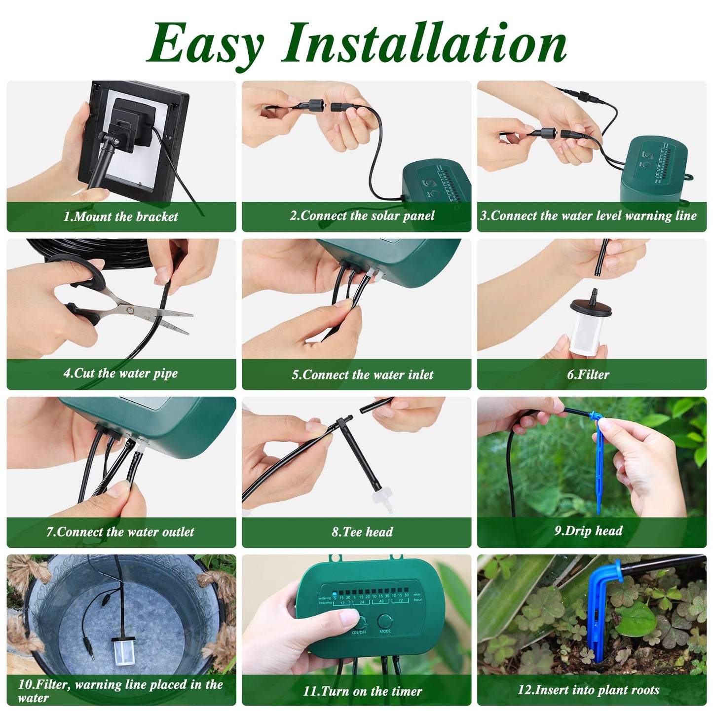 Anseto Solar Drip Irrigation System, Automatic Watering Kit with Split Design & Anti-Siphon Valve, 12 Modes Garden Irrigation System with 49ft Hose for 15 Potted Plants, Patio, Balcony & Greenhouse
