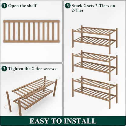 Smiry Bamboo Shoe Rack, 6 Tier Free Standing Wooden Shoe Organizer, Stackable Wood Shoe Storage Shelf for Closet, Entryway, 14 Vertical Slats, 2+2+2 Stack Heavy-Duty Legs, 26.8"x11"x39", Walnut