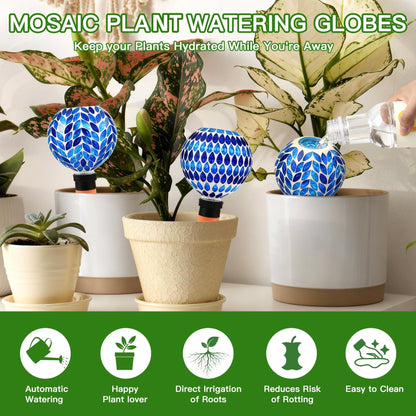 VOREEN Blue Mosaic Self Watering Globes 2 Pack, 500ml Handmade Glass Terracotta Plant Spikes, Automatic Self Watering Devices for Indoor Outdoor Pots, Decorative Water Saver Gift for Garden Lovers
