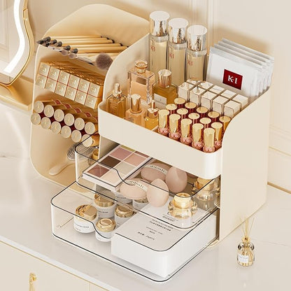 Makeup Organizer Countertop with 2 Drawers, Large Capacity Make Up Organizers for Vanity, Bathroom Organizers and Storage, Cosmetics Organizer Easy To Storage Brushes Eyeshadow Lipstick, Cream