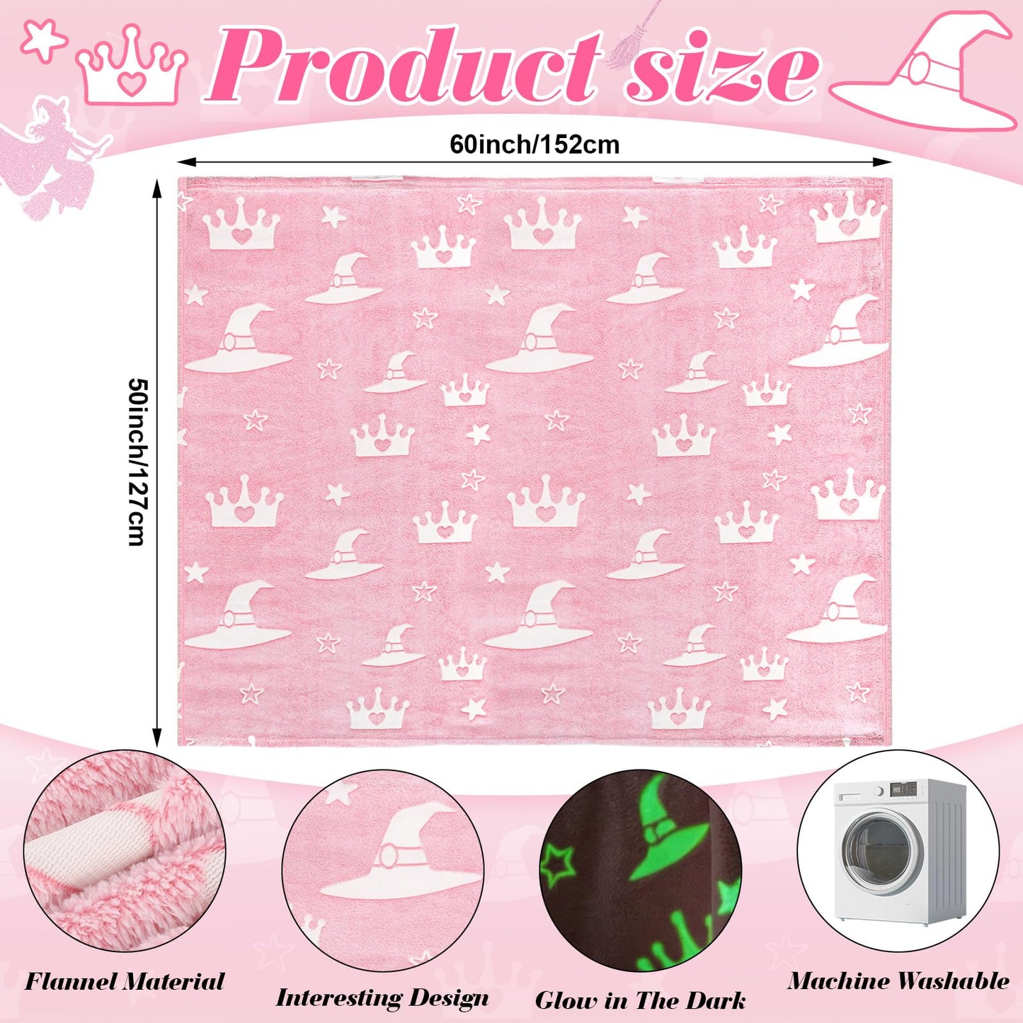 50 x 60 Inch Witch Hat and Pink Crown Blanket for Girls Glow in The Dark Evil Gift Queen Throw All Seasons Warm Cozy Soft Blanket for Sofa Chair Bed Halloween Thanksgiving Gift
