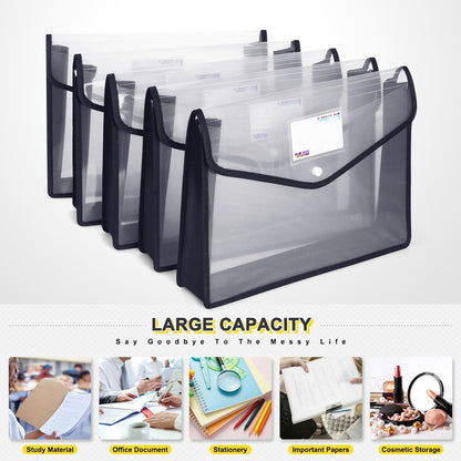 Plastic File Folders, Waterproof Transparent Expandable File Organiser, Portable Large Capacity A4B4 File Wallet for Office/Business/School (5 Pack)