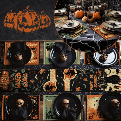 Breling 7 Pcs Halloween Placemats with Runner 12"x18" Terror Forest Gothic Bat Placemats Washable Rectangle Skull Table Mats for Halloween Kitchen Dining Table Home Accessories (Scary)