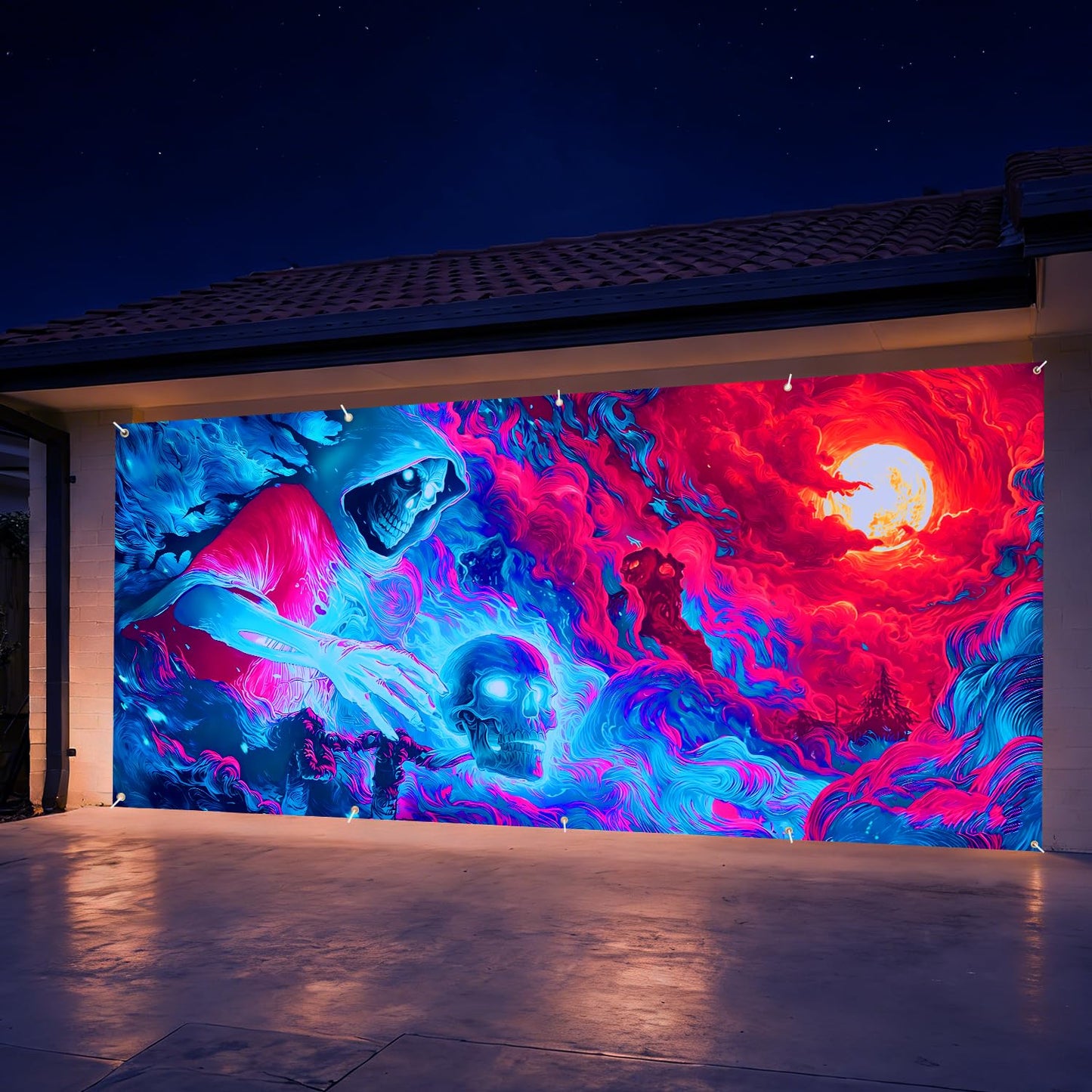Blacklight Garage Door Banner Cover, 7x16ft UV Reactive Fluorescent Grim Reaper Skeleton Mural, Glow Halloween Skull Spooky Grim Reaper Ghost Backdrop, Neon Wall Party Decor