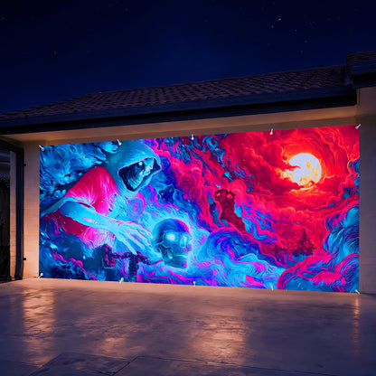 Blacklight Garage Door Banner Cover, 7x16ft UV Reactive Fluorescent Grim Reaper Skeleton Mural, Glow Halloween Skull Spooky Grim Reaper Ghost Backdrop, Neon Wall Party Decor