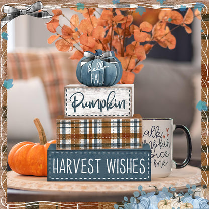 Britimes 4 Pcs Blue Pumpkins Fall Decor Wooden Tiered Tray Sign, Farmhouse Rustic Autumn Pumpkin Decorations Stack Block Set Harvest Wishes Table Centerpieces for Home Kitchen Shelf