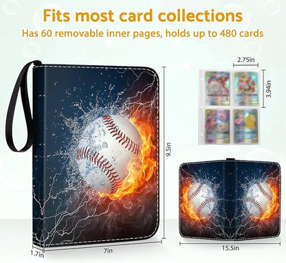 Baseball Card Binder Holder 480 Pockets with 60 Removable Sleeves, Portable Sports Trading Cards Binder Album Collector Organizer Protectors with Zipper,Waterproof