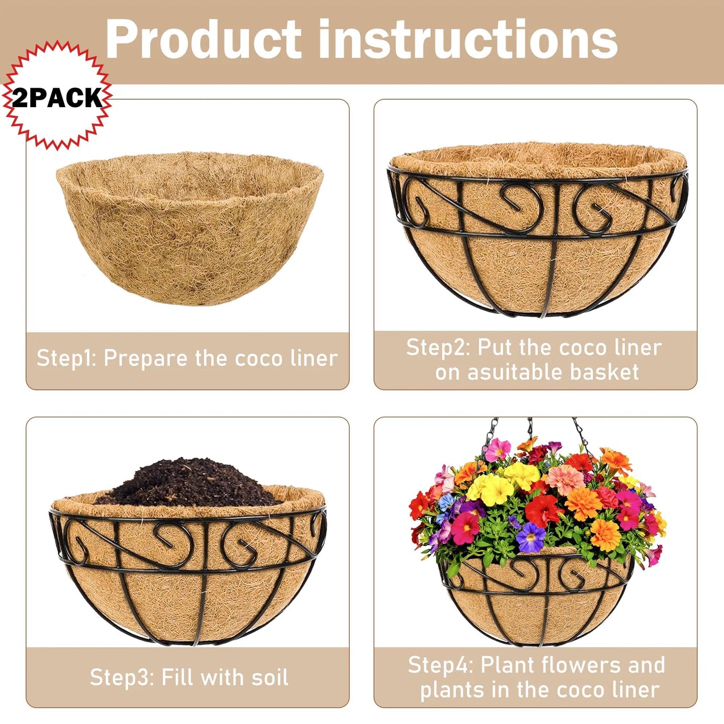 KIDYBELL Metal Hanging Planters Basket Set of 2 Outdoor with Coco Fiber Liners Chain Hanging Basket Suitable for Vegetables Flower Heavy Duty Round Plant Holder Garden Balcony Patio Deck Porch Decor