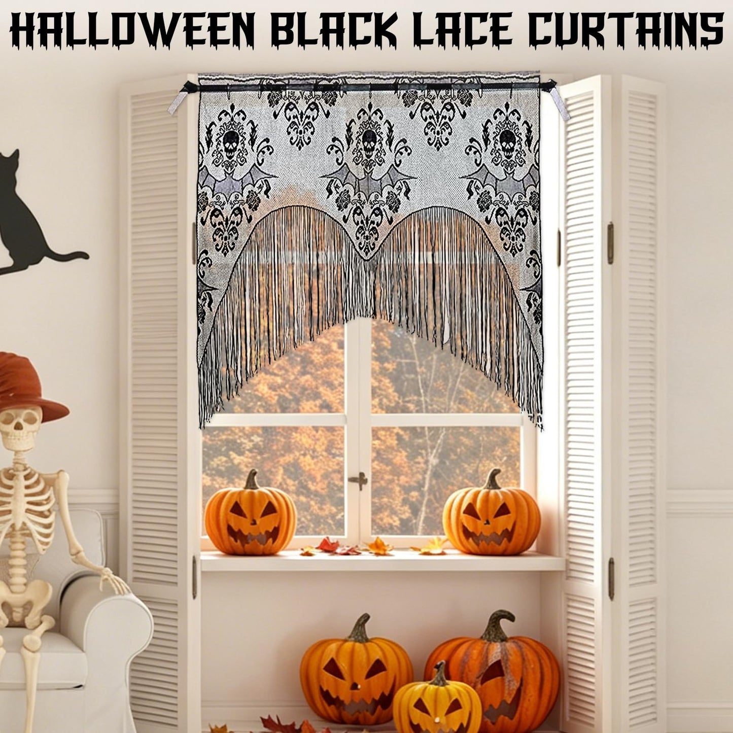 ZeeDix 2 Pcs Halloween Lace Skull Window Curtain- Black Tassel Door Curtain for Halloween Home Party Decorations, Party Supplies