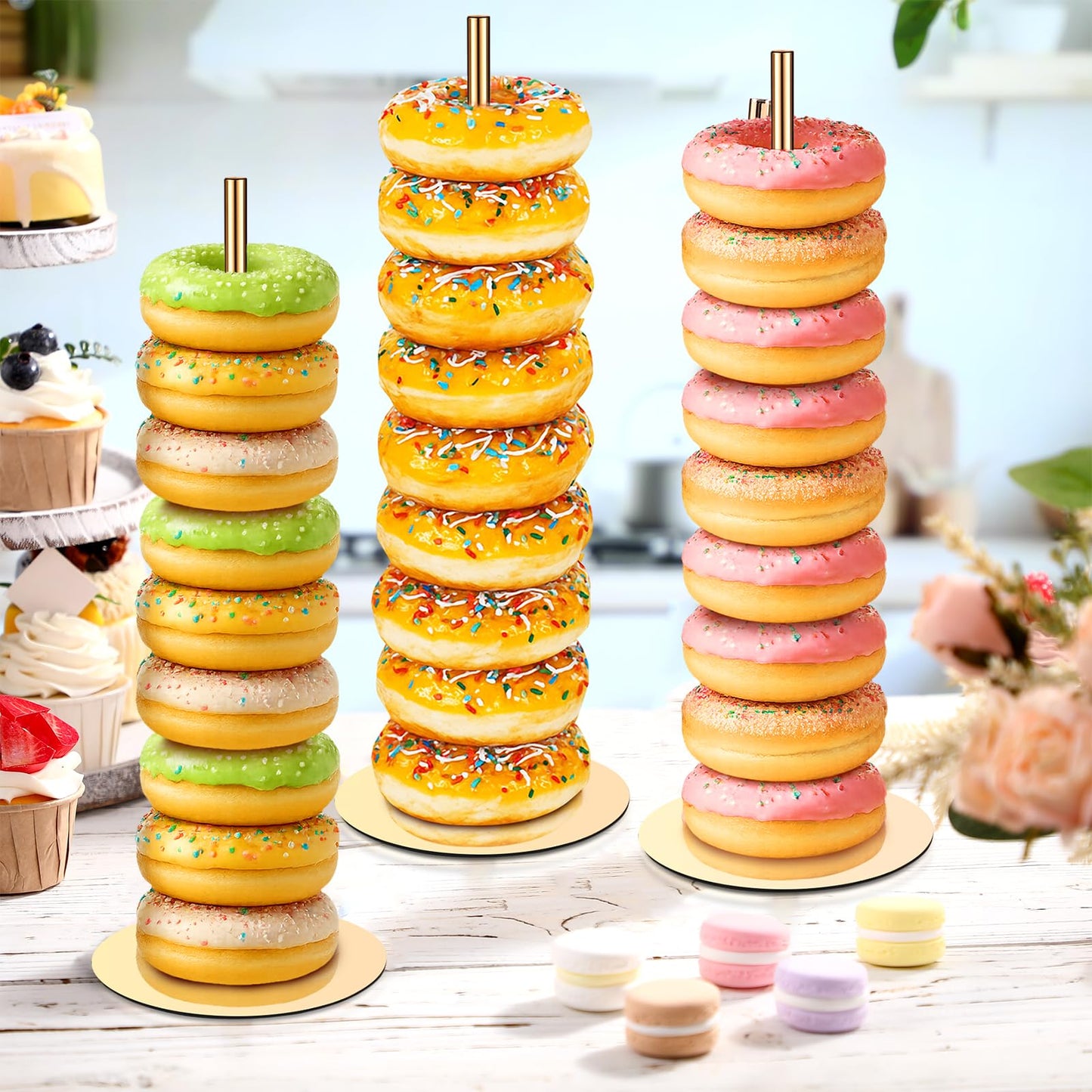 Otoolling 2 Pcs Metal Donut Display Stand Tower Bagel Holder Cake Stand Dessert Table Doughnut Holder Display Tower for Birthday Wedding Party and Donut Themed Party Decorations (Gold)