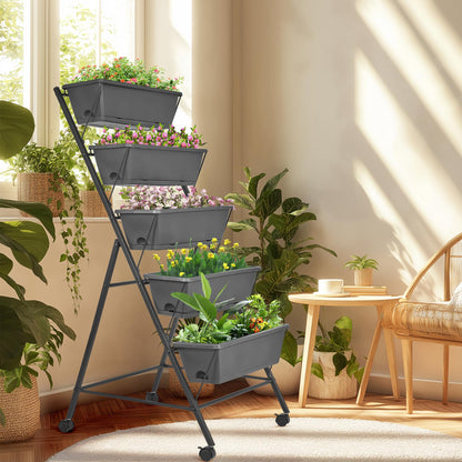 GENMOUS 5 Tier Raised Garden Bed Tall 45FT Vertical Elevated Garden Planter Standing Garden Bed Planter Box with Drainage Holes Removable Tray Outdoor Herb Planter Stand on Patio Balcony Porch Black