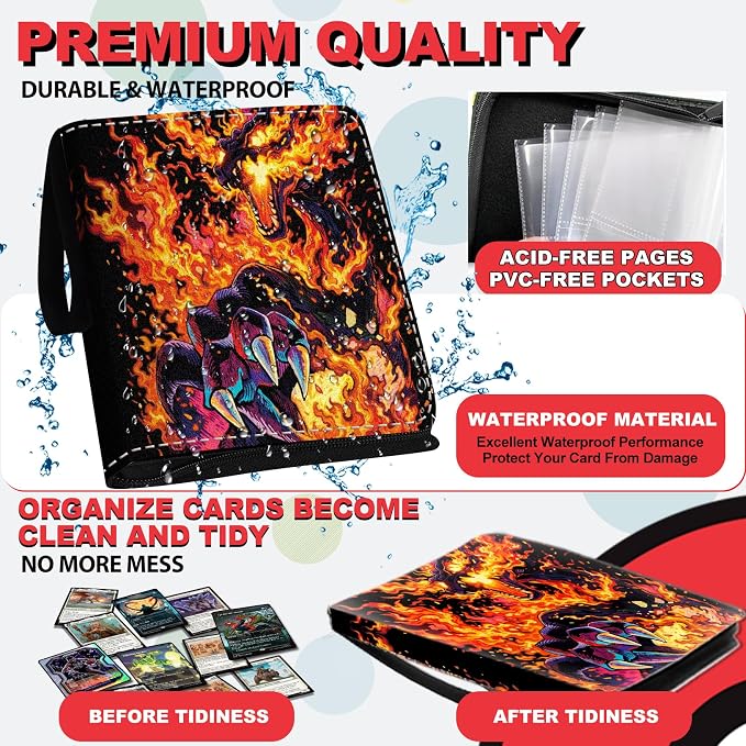 1008 Card Binder 9 Pocket, 3-Ring Trading Card Binder with 56 Page Removable Sleeves, High Storage Waterproof Trading Card Holder Collection Card Album Organizer Case for TCG Cards-Fire Dragon