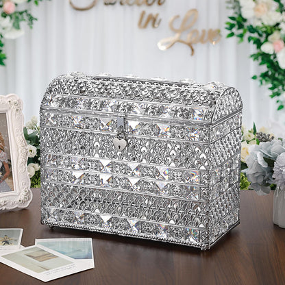 JUXYES Silver Sparkle Crystal Wedding Card Box With Lid for Reception, Gorgeous Treasure Chest Style Keepsake Envelope Box 12 Inches Large Card Receiving Box for Wedding, Reception, Birthday Party