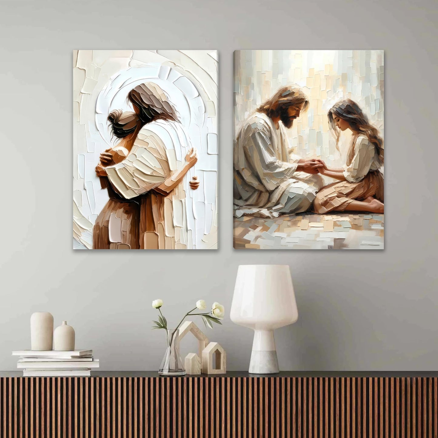 Palette Dreams Jesus Embracing Woman Canvas Wall Art, Woman Lying Safely In The Arms Of Jesus Wall Decor, Christian Wall Art Home Decor for Bedroom Church Prayer Room 12 x 16 Inch