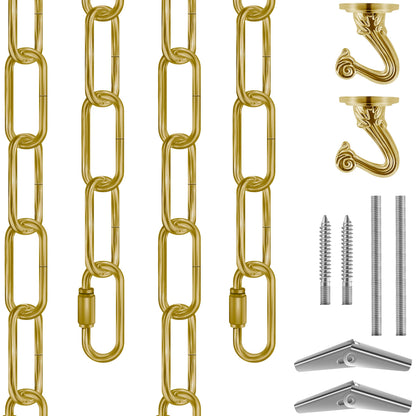 Omytie 12 Ft Heavy Duty Hanging Chain Kit with Connection Locks & Swag Ceiling Hooks for Lighting Fixture, Chandelier, Pendant, Lantern, Swag Lamp, Plant/Flower/Fruit Basket, Bird Feeder (Brass)