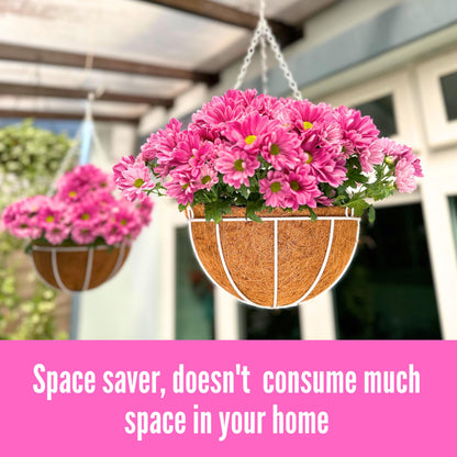 LaLaGreen Bundle (2 Pack, 10 Inch + 2 Pack, 12 Inch) Small Hanging Flower Pots with Coco Liner, White Metal Wire Round Plant Holder with Hook Chain, Wall Mounted Basket Fence Railing Deck Porch Patio
