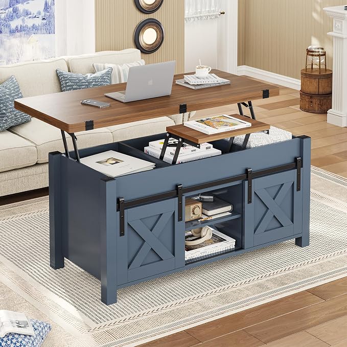 SEDETA Lift Top Coffee Table, 4 in 1 Multi-Function Convertible Coffee Tables with Storage and Hidden Compartment, Farmhouse Coffee Table Converts to Dining Table for Living Room, Blue